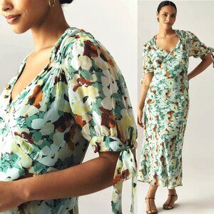 NEW Anthropologie Short Sleeve V-neck Slip Midi Dress Romantic Floral Green